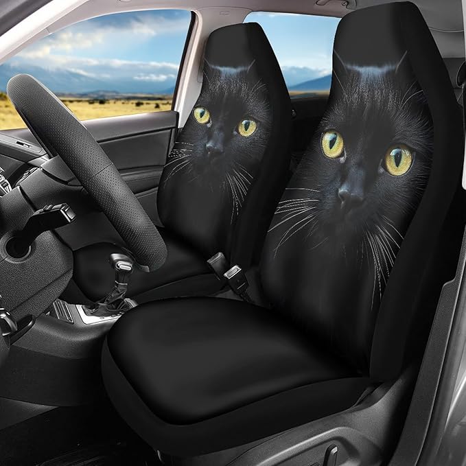 BIGCARJOB Durable Washable Black Cat Car Seat Covers 2pc Front Seat Only Ultra-Soft Universal Auto Drive Seat Protector Cover