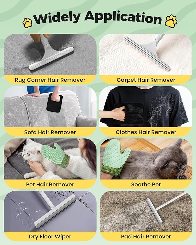 Carpet Rake for Pet Hair Removal Tool - 4 in 1 Pet Hair Remover Kit for Dog Cat Fur Remover, Contain 60" Adjustable Rubber Broom, Glove, Magic Brush and Scraper for Furniture,Short Pile Carpets, Mats