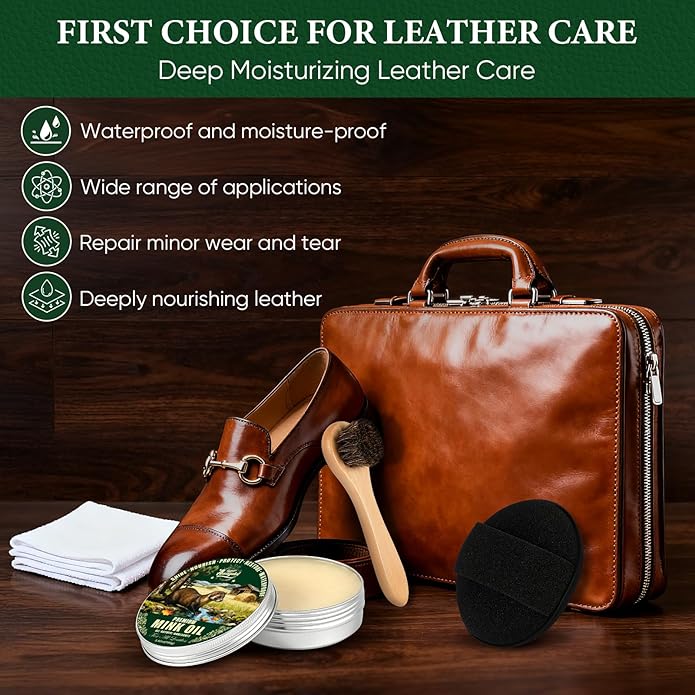 4-in-1 Mink Oil Leather Conditioner and Cleaner 3.52 oz - Premium Waterproof Formula for Leather Cowboy Boots,Shoes,Saddles & Bags with Horsehair Brush, Sponge & Microfiber Cloth