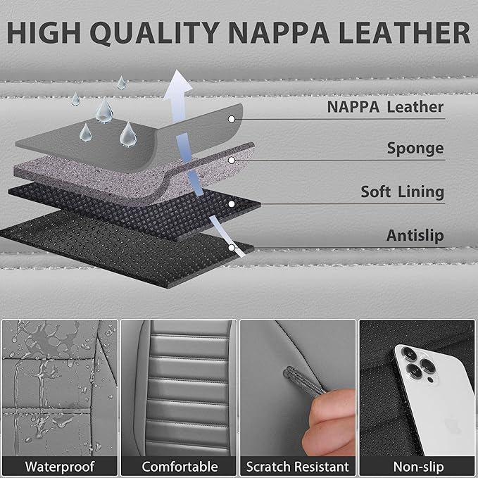 CAR PASS Nappa Leather Car Seat Covers Front Seats, Luxury Seat Protector for Cars, Waterproof Anti-Slip Seat Cushion Airbag Compatible Universal for Sedan SUV Pick-up Truck Automotive Vehicle, Gray