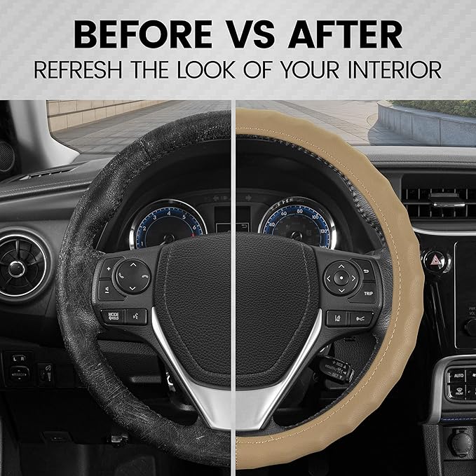 BDK Genuine Beige Leather Steering Wheel Cover for Car, Medium (14.5" - 15.5") – Ergonomic Comfort Grip for Men & Women, Universal Fit Car Steering Wheel Cover for Most Vehicles