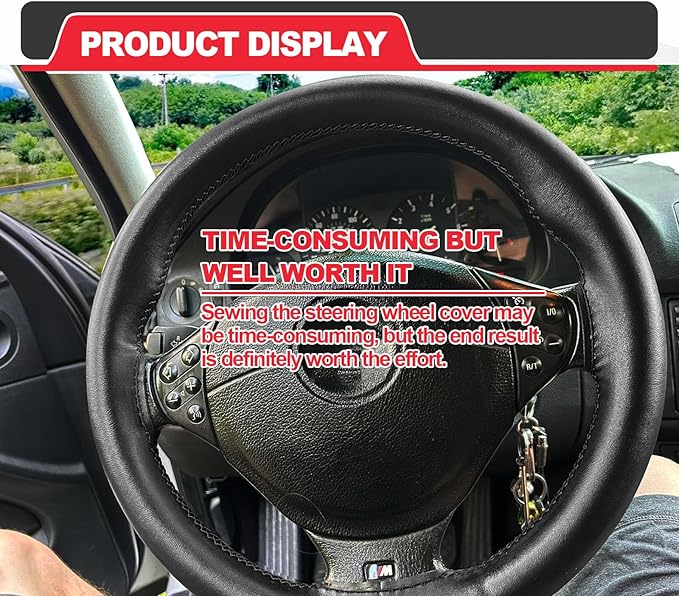 Direct PU Leather Steering Wheel Cover, 15 Inch Non-Slip Breathable/Soft and Comfortable Feeling, Genuine PU Leather Stitch On Wrap for Car Truck SUV - DIY Sewing with Needle Thread (Black)