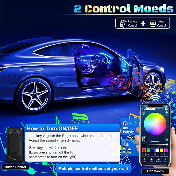 RGB Acrylic Interior Car LED Strip Light with Wireless APP, Car Accessories 6 in 1 with 175 inches 593 LEDs Fiber Optic Ambient Lighting Kits, Dynamic Music Sync Neon LED Strip Light for Car