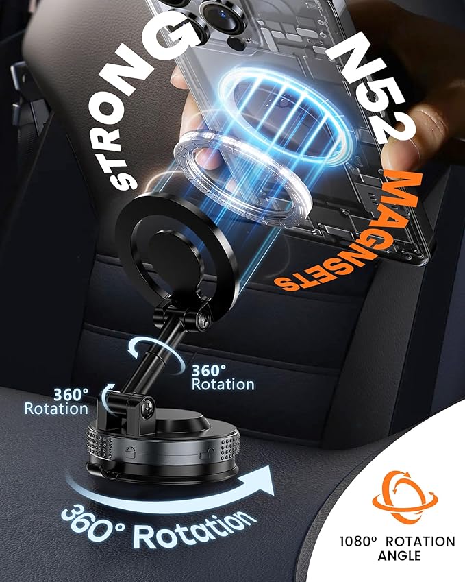 Vacuum Magnetic Phone Holder, Upgraded Suction Phone Mount, 360° Adjustable Car Phone Holder for MagSafe, Phone Holders for Your Car/Gym/Mirror, Compatible with iPhone & Android Smartphones