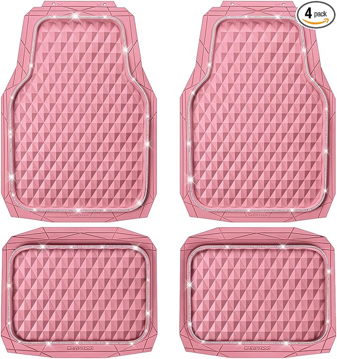CAR PASS Bling Diamond Rubber Car Mats, Heavy Duty Deep Dish All-Weather Floor Mat Full Set Anti-Slip 3D Rhombus Waterproof Trim Fit Liner Universal Glitter Sparkly Shining Rhinestone, Pink Rubber