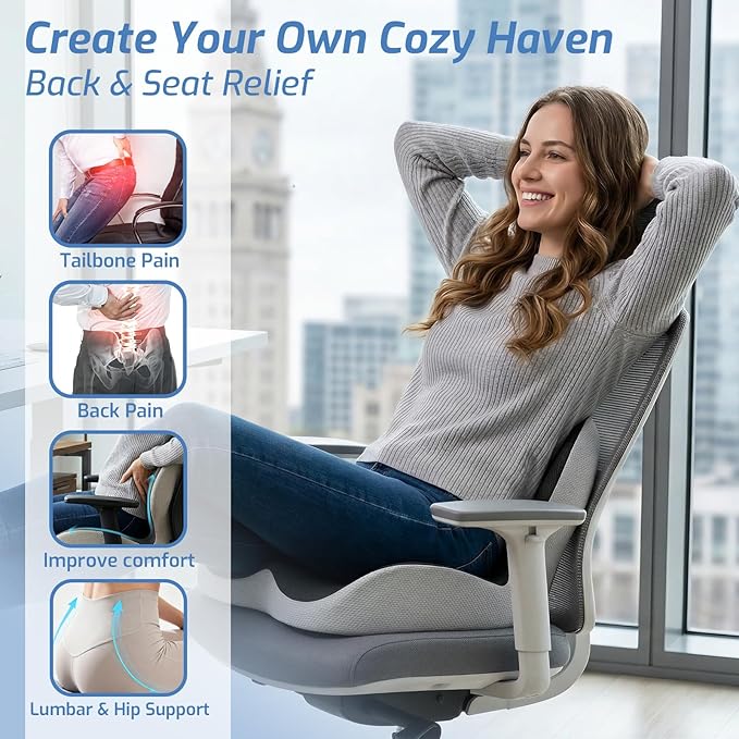 Seat Cushion,Memory Foam Chair Cushion for Office and Car,Ergonomic Coccyx Seat Cushion for Tailbone,Sciatic Nerve,Back Pressure Relief,Lumbar Support Pilow for Office,Car,Truck,Desk Chair