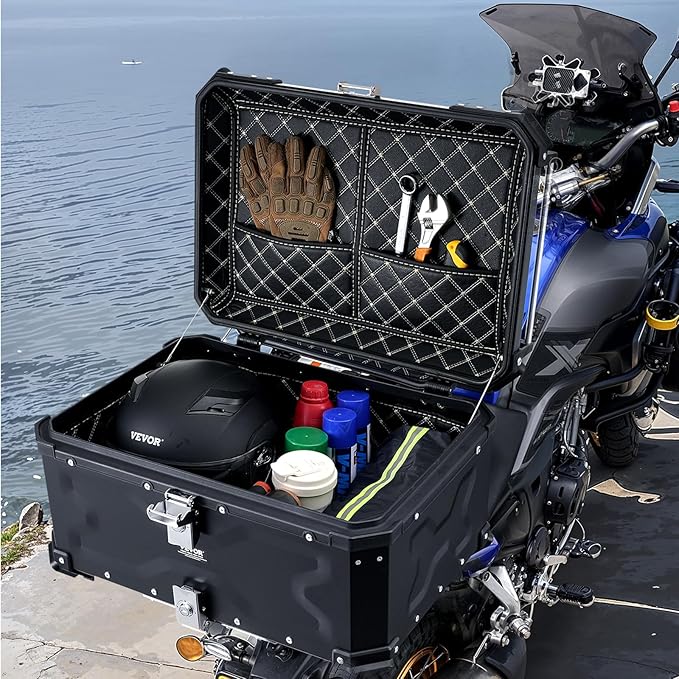 VEVOR Motorcycle Top Case 65L, Universal Aluminum Alloy Motorbike Tail Box with Leather Lining, Waterproof Detachable Motorcycle Top Box with Lock & Back Cushion, Fit for 99% of Motorcycle Frames