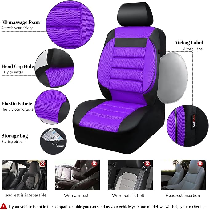 CAR PASS Leather 3D Foam Back Support Car Seat Covers Full Set Air Mesh Automotive Seat Covers, All Season Car Seat Cover Fit Automotive,SUV,Sedan,Van, Airbag Compatible Elegance (Black Purple)