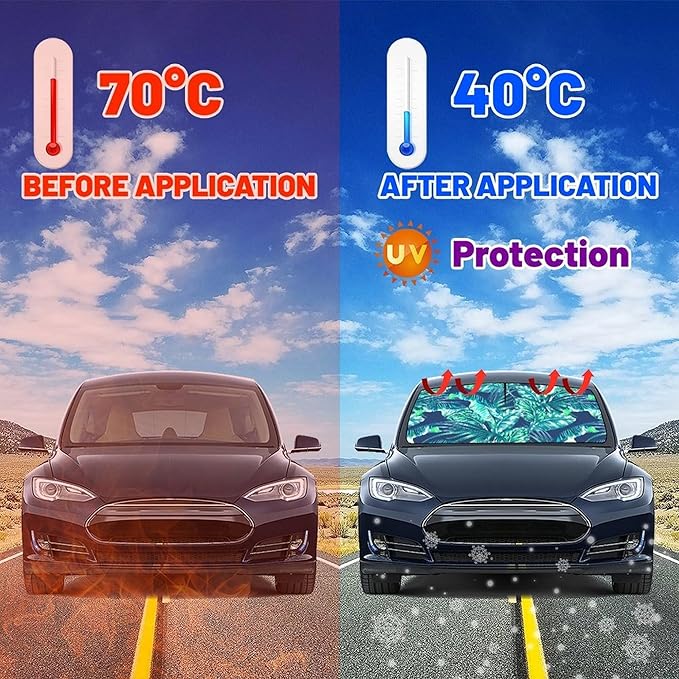 CHILL·TEK Funny Car Windshield Sun Shade Umbrella, Monstera Leaf Car Sun Shade Umbrella, Block UV Rays Heat Foldable Windshield Umbrella Sun Visor Protector - Keep Vehicle Cool for Cars SUV