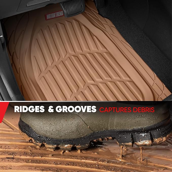 Motor Trend FlexTough 4-Piece Heavy Duty Floor Mats for Cars Trucks SUVs, Automotive Floor Mats Car Mats Full Set Front, Rear & Cargo, Trim-To-Fit Semi-Custom Deep Dish All Weather Rubber Mats - Beige