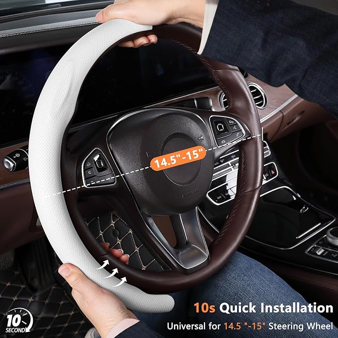 Aimato Car Steering Wheel Cover 2 Piece Non-Slip Clip on Microfiber Leather Steering Wheel Cover,Ultra-Thin Breathable,Universal Fit 14.5"-15" Wheel,White