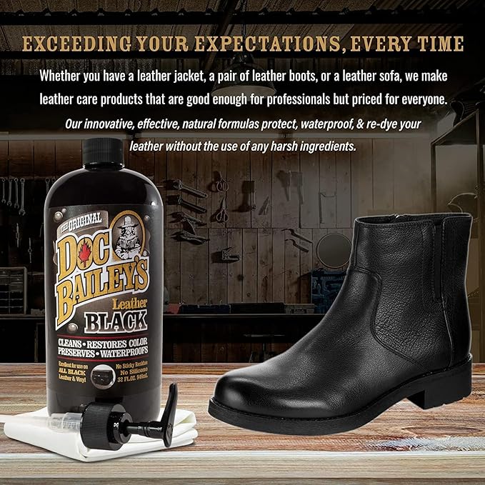 Doc Baileys Leather Black Care -Premium Quality All In One Leather Cleaner, Conditioner, Waterproofer & Protectant - For your Car, Bike, Horse Tack, Home Decor and Other Leather Needs 32oz Bottle