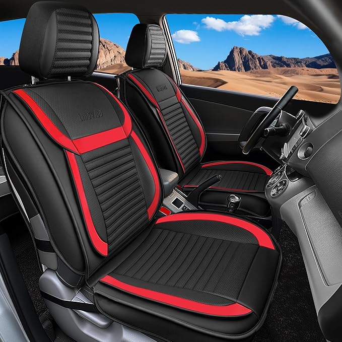 LINGVIDO Full Set Car Seat Covers, Faux Nappa Leather, Airbag Compatible and Waterproof Protectors for Sedans SUVs, Breathable Interior for Active Families, Pets, and Commuters (5 Seats, Black/Red)
