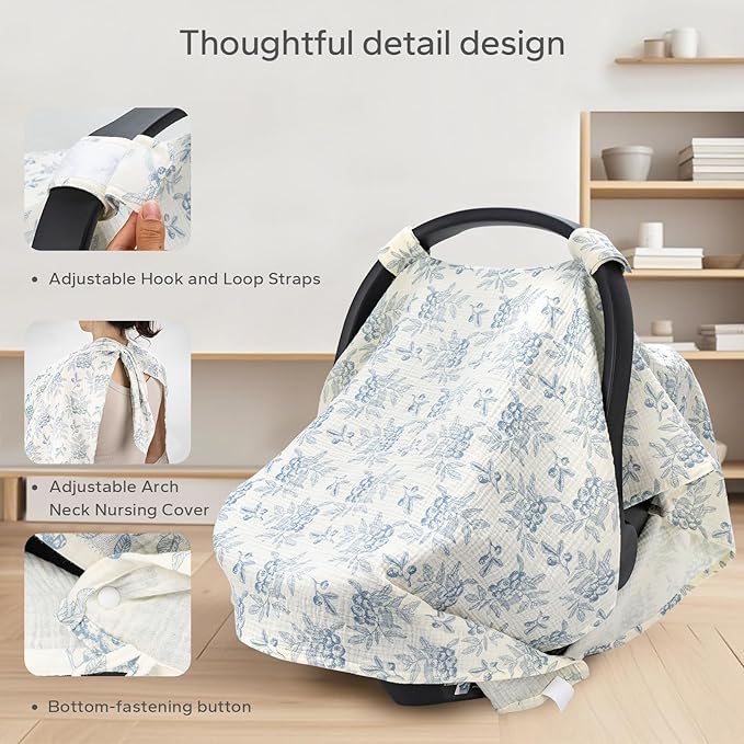 SERAPHY 2-in-1 Muslin Baby Car Seat Cover & Nursing Cover, Soft Lightweight Breastfeeding Cover for Boys and Girls,Breathable Canopy for Infant Carseat & Stroller for Summer—Blueberrie