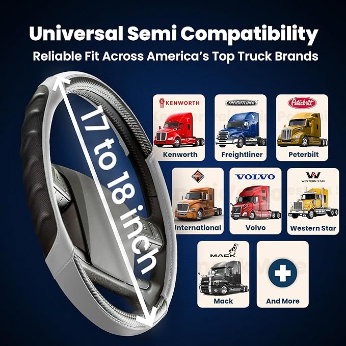 18 Inch Semi Truck Steering Wheel Cover – Premium Leather Grip for Class 8 Big Rigs, Freightliner, Kenworth & Peterbilt – Anti-Slip, Breathable Comfort for Long-Haul Drivers – Grey