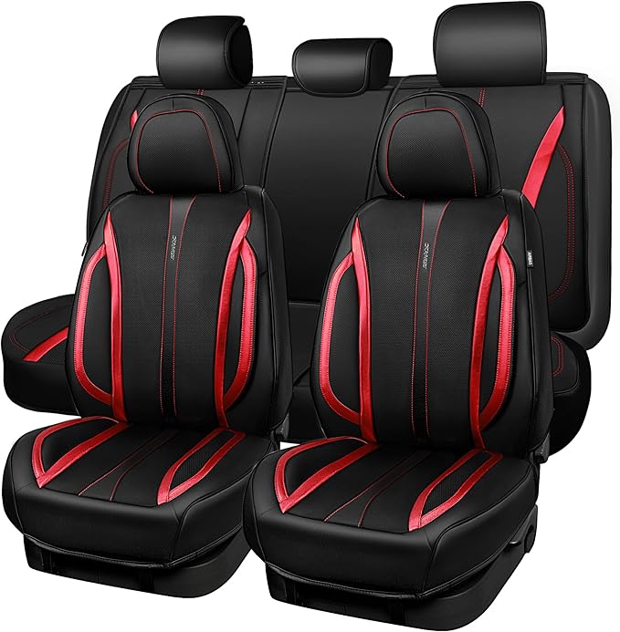 CAR PASS Nappa Leather Car Seat Covers, Durable Waterproof Luxury Universal Seat Covers for SUV Pick-up Truck Sedan, Anti-Slip Driver 5 Seat Covers Full Set with Backrest, Black Metallic Red