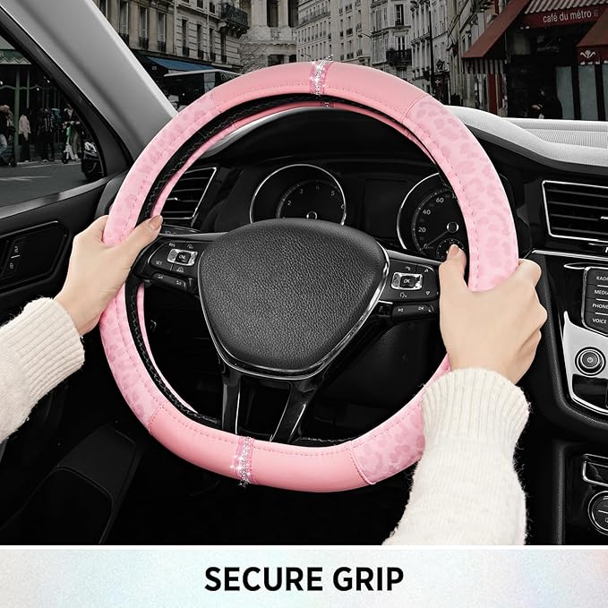 Road Comforts Leopard Steering Wheel Cover - Made with PVC Leather Cheetah Print, D-Shaped Automotive Steering Wheels - Anti-Slip, Universal Fit 14 1/2 inches to 15 inches - Full Pink