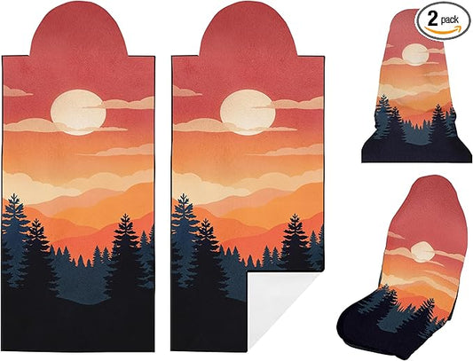 2 Pack Car Seat Towel Covers, Sweat Protector for Front Seats, Premium Thickened Microfiber with Great Smoky Mountains, Breathable & Quick Dry, Slip-on Headrest Pocket for Gym Running Universal Fit