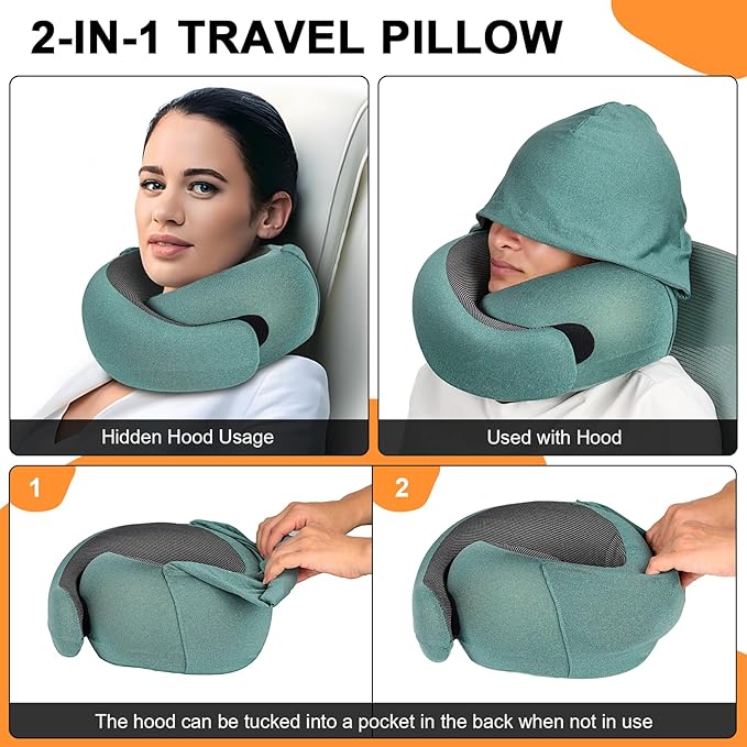 Travel Pillow - Hooded Neck Pillow Airplane Memory Foam Filling for Plane, Office, Cars Sleeping, Road Trip, Long Flights, Airplane Travel Essentials, Includes Eye Mask & Earplugs (Green)