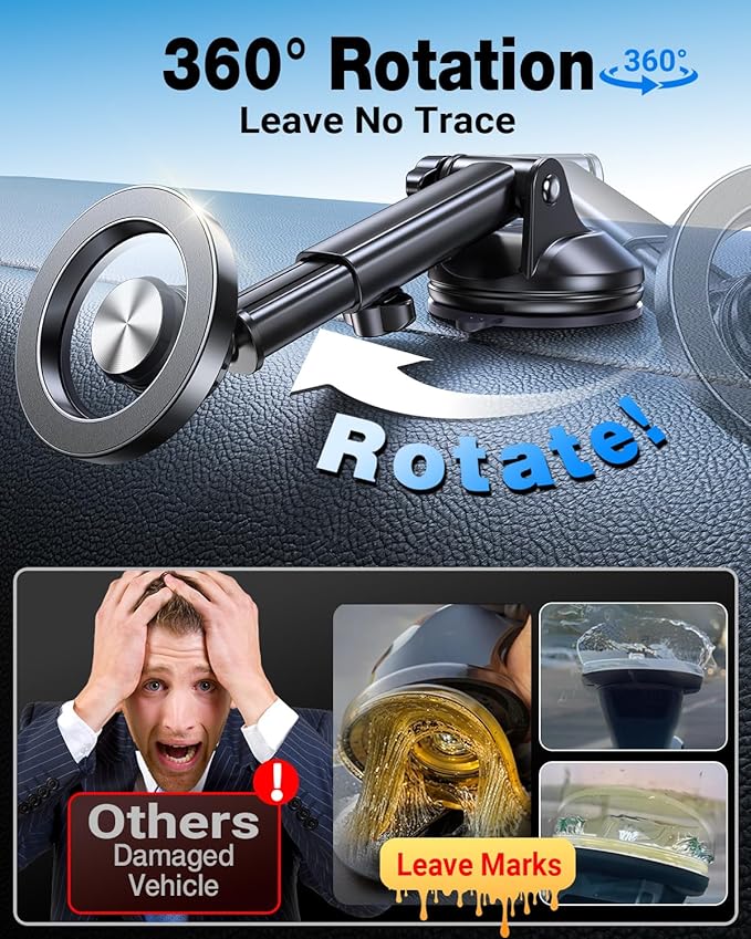 Romuto for MagSafe Car Mount【Strongest Magnet】 Magnetic Phone Holders for Your Car Dashboard Wind Vent Cell Phone Holder【360° Rotation】 Suction Car Mount for iPhone 16 15 14 13 12