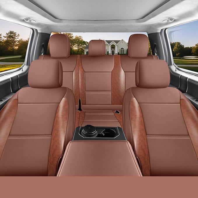 Red Rain Custom Fit for Ford F150 Super Crew/Crew Cab 2015-2025 XL XLT STX Brown and Orange Leather Car Seat Cover Full Set 5 Seater (F150-Brown+Orange)