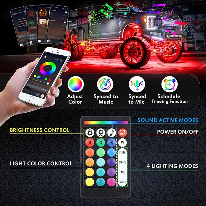 8 Pods RGB Rock Lights for Trucks,Multi Chasing Color App/Remote Control Led Rock Lights with Music Mode Underglow Kits for Cars Jeep UTV SUV ATV