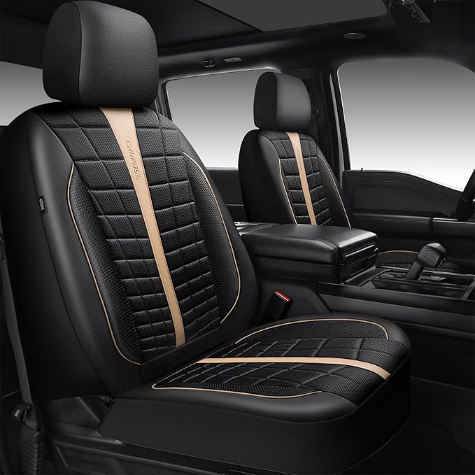 CAR PASS 3D Air Mesh Seat Covers for Car, Leather Car Seat Cover Front Seats, Breathable Foam Premium Leather Mesh Front Seat Covers Universal Fit for Cars Sedans Trucks Vans SUVs, Black Beige