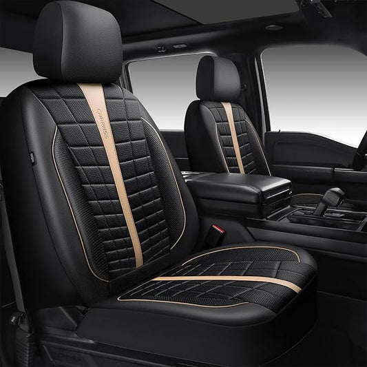 CAR PASS 3D Air Mesh Seat Covers for Car, Leather Car Seat Cover Front Seats, Breathable Foam Premium Leather Mesh Front Seat Covers Universal Fit for Cars Sedans Trucks Vans SUVs, Black Beige