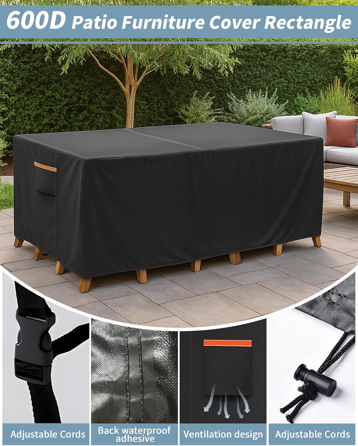 Outdoor Waterproof Furniture Cover, 76W x 54L x 28H inches Heavy Duty 600D Rectangular Table and Chair Set Protection, Black
