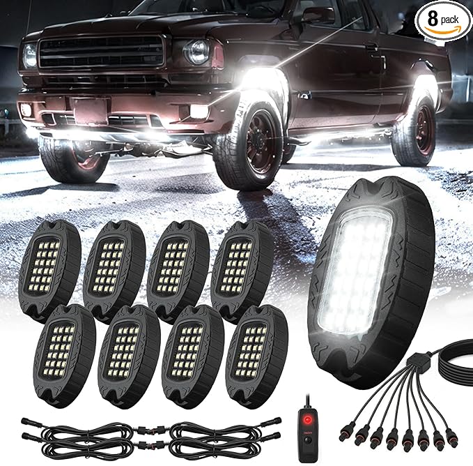 8 Pods Alloy Pure White LED Rock Lights for Truck Offroad ATV UTV RZR SUV Boat, Metal 6500K 24 LEDs White Neon Underglow Light with Switch Extension Harness, Under Trail Rig Fender Lighting