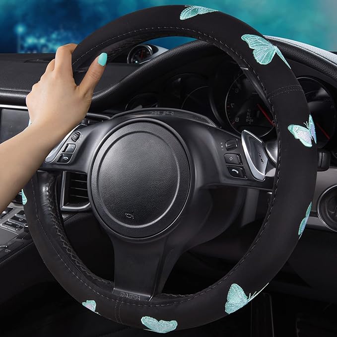 Car Pass Mint Embroidery Butterfly Steering Wheel Cover, Universal 15 Inch Car Wheel Cover for Women Girls, Fit for Suvs,Small Trucks,Sedans,Cars (Black and Mint)