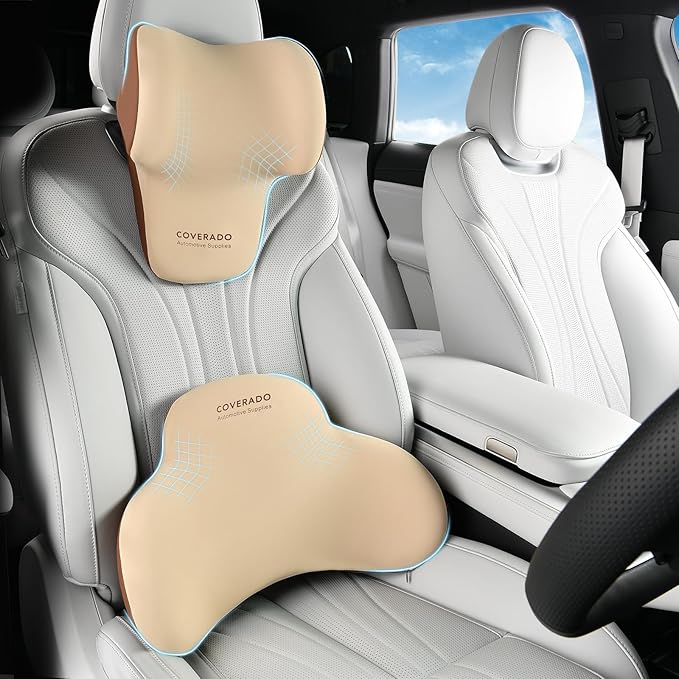 Coverado Lumbar Support and Headrest Pillow for Car, Memory Foam Ergonomic Head Neck Support Pillow for Driving Seat, Back Support and Pain Relief, Seat Cushion for Car, Driver, Office
