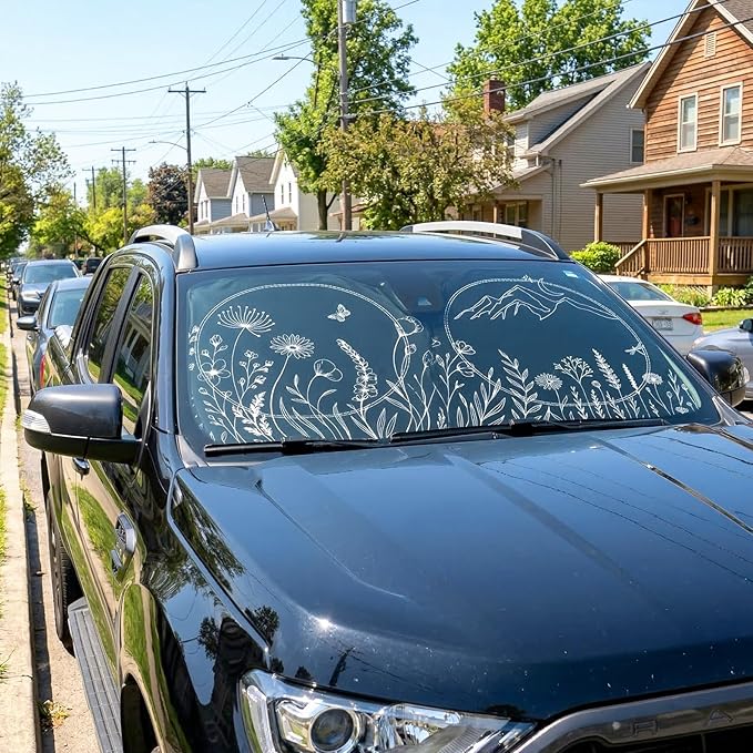 63"x28.5" Car Windshield Sun Shade with Storage Pouch, Stylish Printed Front Window Sunshade with Double Ring Frame, Universal Fit Foldable Heat Blocker & UV Protector for SUV, Sedan (Line Plants)