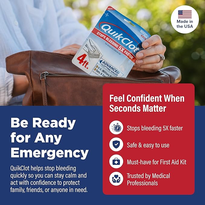 Adventure Medical Kits QuikClot Advanced Clotting Gauze - Stops Bleeding Up to 5X Faster Than Standard Gauze - Kaolin Hemostatic Dressing - for First Aid Kits & Survival Gear - 3 x 48