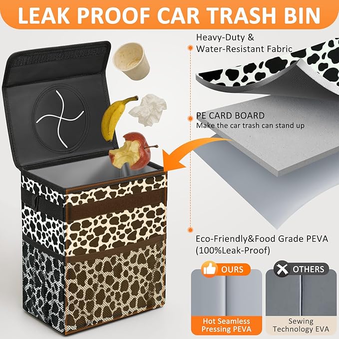 3 Gallons Car Trash Can with Lid, Car Bag Bin Hanging Waterproof Automotive Garbage Cans Leak Proof Vehicle Trash Can Cow Print