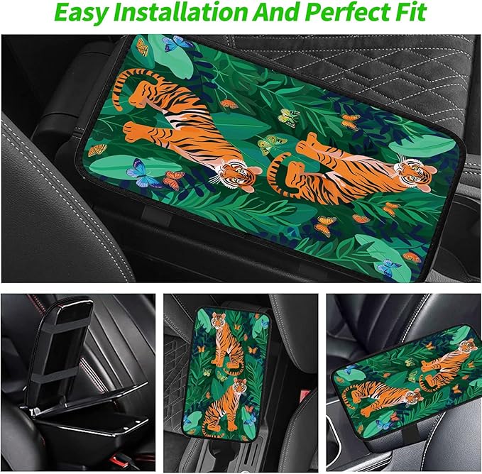Car Armrest Cover Pads Universal Fashion Cute Auto Center Console Armrest Cover Pad with 2PCS Car Coasters Soft Waterproof Car Armrest Seat Protector for Women, Two Tiger Butterfly