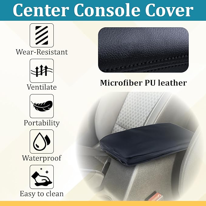 Center Console Cover Compatible with Toyota RAV4 Accessories 2020-2025 and 2021-2025 RAV4 Prime, PU Leather Middle Console Lid Cover, Seat Protector Armrest Cushion Pad (Black with Black Stitches)
