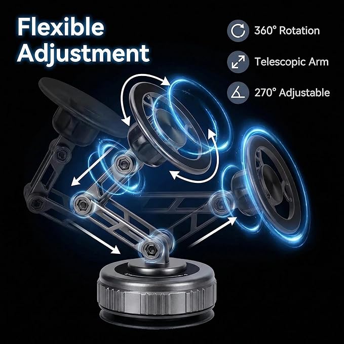 Vacuum Suction Car Phone Mount [80LBS Strong Suction & 3-Section Long Arm] Magnetic Dashboard Holder for Car, 360° Rotation Stand with Metal Ring for iPhone 17 16 15 14 13, Samsung & All Phones