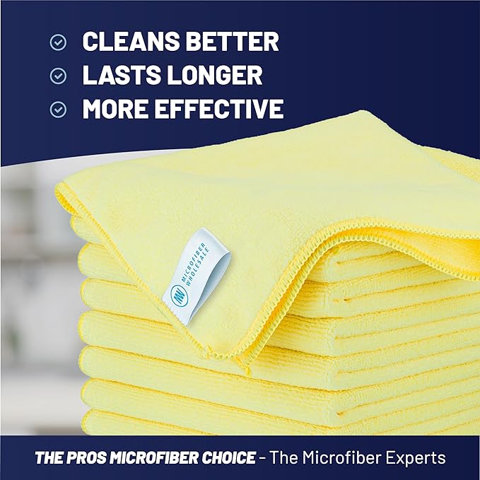 Microfiber Wholesale MW Pro 16x16 Commercial Cleaning Rags - Professional Janitorial Supplies for Dusting, Office & Heavy Duty Cleaning - Multi-Surface Dusters (Yellow, 12-Pack)