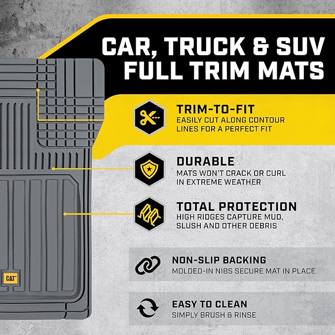 Cat® ToughLiner Heavy Duty Rubber Floor Mats & Cargo Trunk Liner for Car SUV Van Sedan, Gray - Trim to Fit, All Weather Deep Dish Automotive Floor Mat, Total Dirt Protection