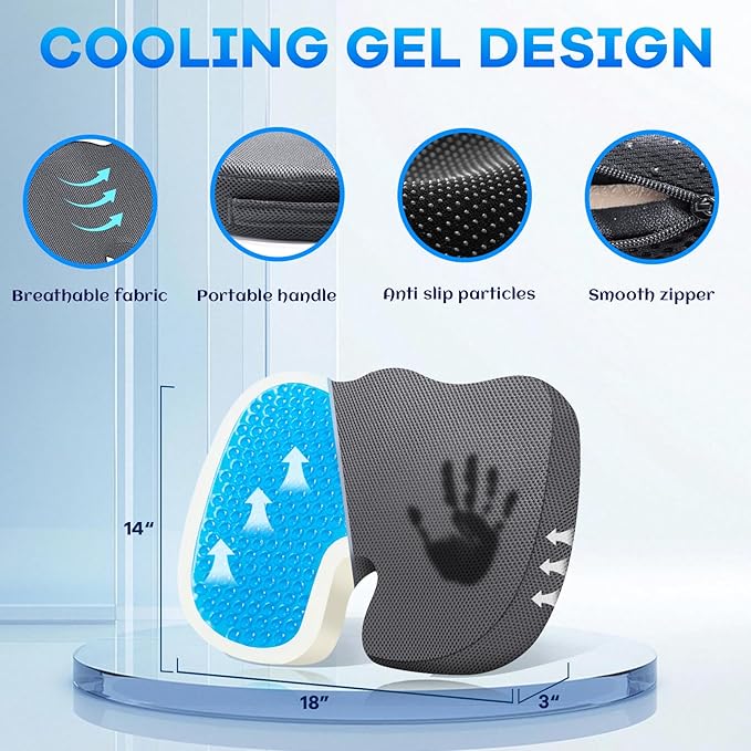 Gel Seat Cushion & Lumbar Support Pillow Set, Cooling Memory Foam for Coccyx & Sciatica Pain Relief, Ergonomic Desk Chair Cushion with Breathable Mesh Cover for Car, Home, Wheelchair (Grey)