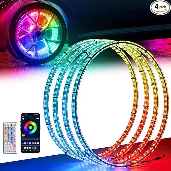 Ehaho 15.5" Double Row Wheel Lights, Brighter RGB Dream Chasing LED Rim Lights with App & Remote Control, Music Wheel Ring Light with Turn & Braking Signal Compatible with Various Trucks SUV Car（4PCS）