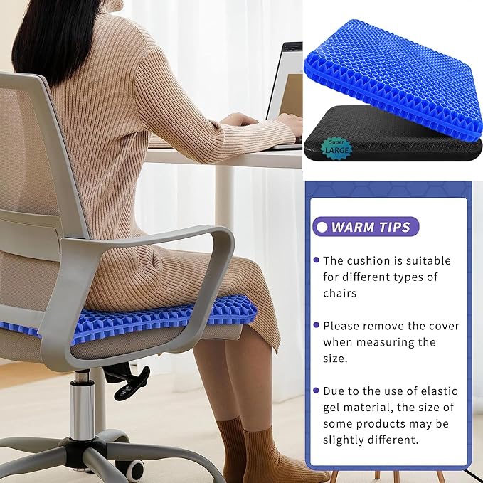 Gel Seat Cushion, Super Large (19x18x1.6inch) Gel Cushion Chair Pads with Non-Slip Cover for Home Office Car Seat Wheelchair, Soft Breathable Honeycomb Seat Cushion for Relieve Hip Pain