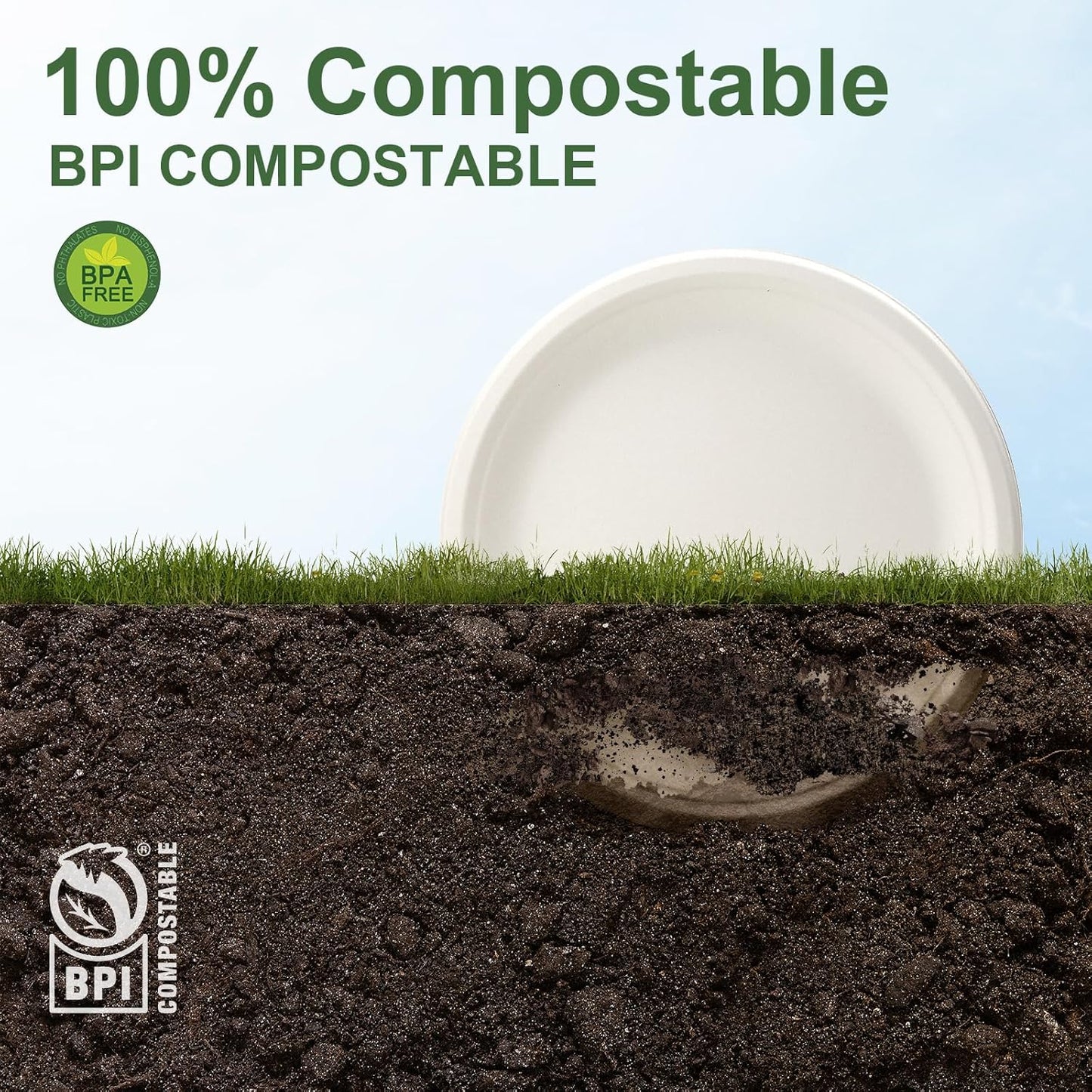 WELLIFE 10 Inch Paper Plates, 125-Pack 100% Compostable Heavy Duty Disposable Plates Bulk, Biodegradable Bagasse, Eco-Friendly, PFAS-Free | BPI Certified | Microwaveable
