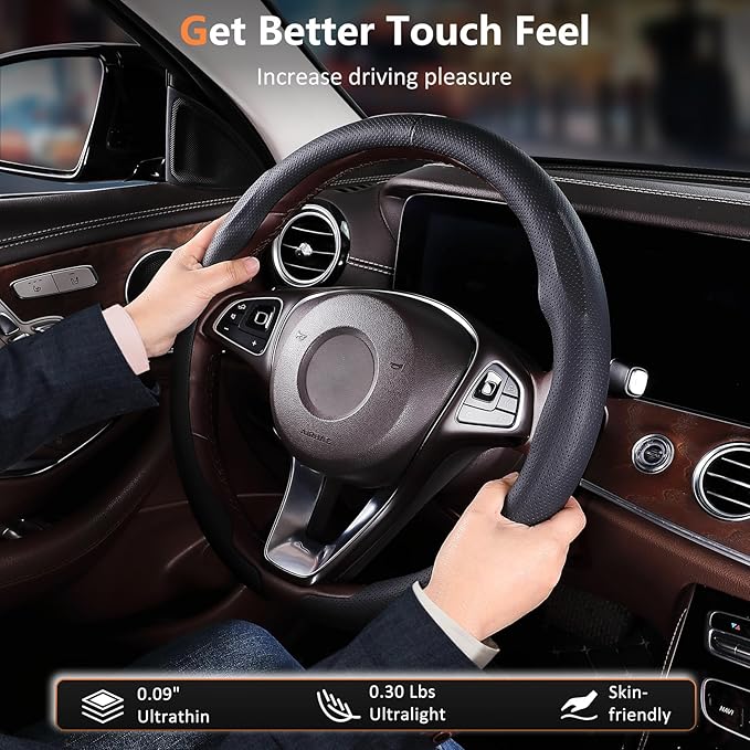 Aimato Car Steering Wheel Cover 2 Piece Non-Slip Clip on Microfiber Leather Steering Wheel Cover,Ultra-Thin Breathable,Universal Fit 14.5"-15" Wheel,Black