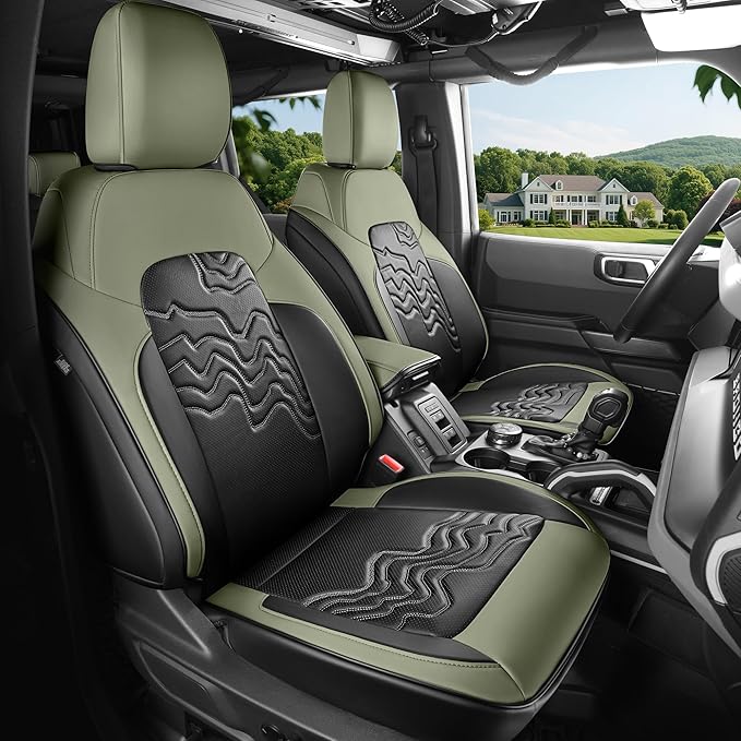 Red Rain Ford Car Seat Cover Customized Fit for Ford Bronco Seat Cover 4 Door 2025 2024 2023 2022 2021 Black and Green Seat Protector (Bronco 4Door-Black+Avocado Green)
