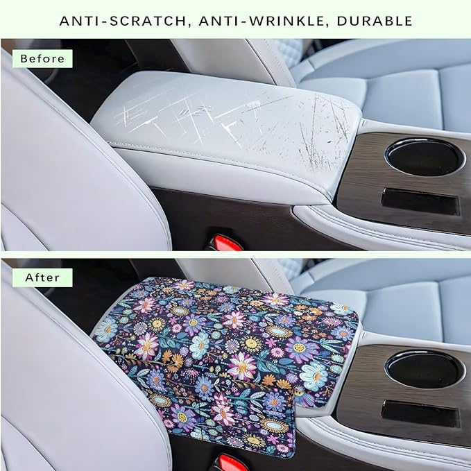 Wanyint Hippie Flower Lotus Car Center Console Cushion Cover Universal Armrest Box Mat Scratch Resistant Wear-Resistant Arm Rest Pad with Pockets Storage Bag Auto Accessories for Women