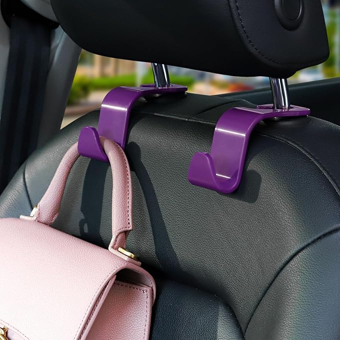 Soleebee 4 Pack Car Headrest Hooks - Universal Auto Hooks, Back Seat Hangers, Storage Organizer (Purple)