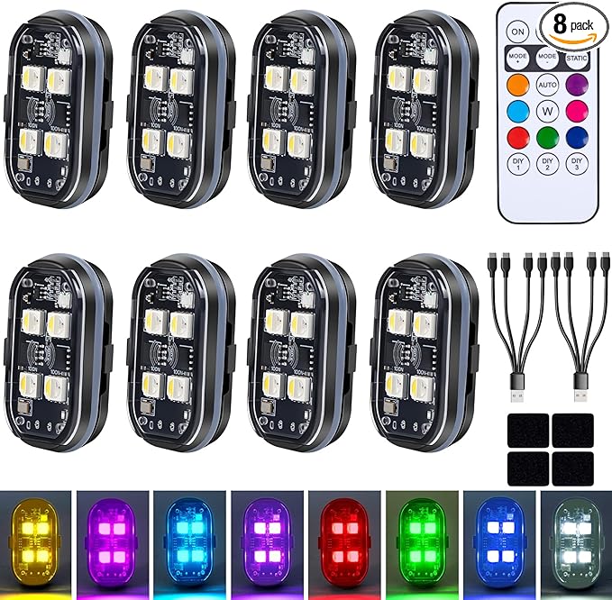 Upgraded 4LEDs 8PCS Wireless LED Strobe Lights with Remote Control, 8 Colors Type-C Rechargeable Led Lights Anti Collision Warning Light for Car Motorcycle Bike Drone Aircraft