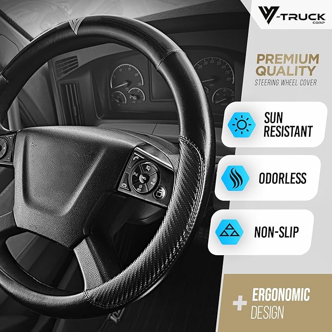 18-Inch Genuine Leather Steering Wheel Cover for Semi Trucks – Black with Black Stripes, Universal Fit Heavy-Duty Non-Slip Grip, Comfortable Control, Easy Installation